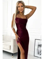 483-4 DIANE saténové dlouhé šaty s rozparkem na nohou - bordó