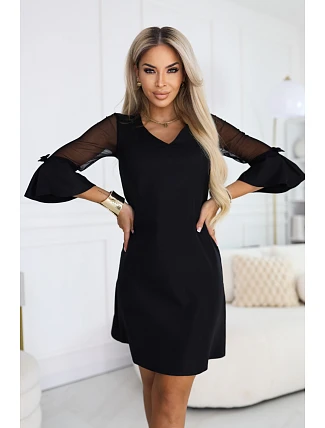 668-1 Trapézové brokátové šaty s tylovými rukávy a výstřihem do V - černé