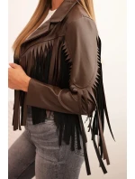 Dámská bunda z eko kůže s třásněmi v boho stylu hnědá