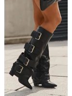 Dámské kozačky na podpatku s vyhrnutou holení a zlatými přezkami Isavelle – černé
