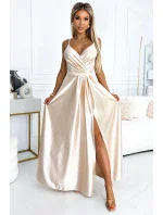 512-3 JULIET elegantní dlouhé saténové šaty s výstřihem a rozparkem na nohou - BEACH