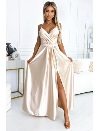 512-3 JULIET elegantní dlouhé saténové šaty s výstřihem a rozparkem na nohou - BEACH