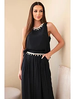 Dámský komplet z viskózy s topem bez rukávů a širokými kalhotami s ozdobným zakončením černý Dámský komplet z viskózy s topem bez rukávů a širokými kalhotami s ozdobným zakončením černý