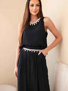 Dámský komplet z viskózy s topem bez rukávů a širokými kalhotami s ozdobným zakončením černý
