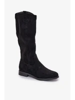 Dámské kozačky s perforovanou holení na nízkém podpatku S.Barski – černé, eko kůže Dámské kozačky s perforovanou holení na nízkém podpatku S.Barski – černé, eko kůže