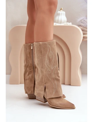 Semišové Kozačky Do Poloviny Lýtka S Otočeným Svrškem Na Podpatku Béžové Zazoo 3487