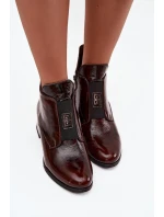 Kožené lakované kotníčkové boty na klínu s ozdobným detailem zateplené Zazoo 60560 tmavě hnědé