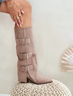 Kozačky Na Podpatku S Ohnutou Holení A Přezkami Béžové Vamissa