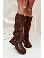 Dámské zateplené kozačky s vyhrnutou holení a přezkou Fiorae – čokoládové, eko semiš