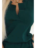 161-19 AGATA Šaty s límečkem a kravatou - BOTTLE GREEN
