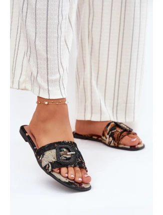 Ploché Dámské Pantofle S Dekorativní Přezkou Černé Clariola