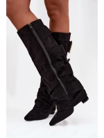 Dámské kozačky na podpatku s obráceným lemem a zlatými přezkami ekologický semiš černé Isavelle