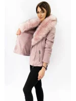 Dámská semišová bunda ramoneska v pudrově růžové barvě s kožešinou (6501)
