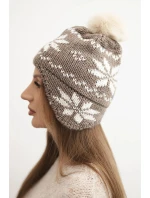 Dámská zimní čepice z vlny s motivem sněhové vločky a pomponem K450 mocca