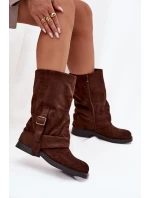Dámské kozačky s obráceným svrškem do poloviny lýtka s přezkou hnědé Minelle