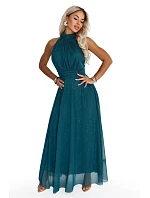 636-4 VERONICA – luxusní dlouhé šaty s brokátovým detailem a elegantním střihem – zelené