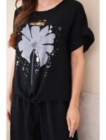 Dámský viskózový komplet s halenkou s potiskem a kalhotami černý