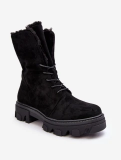 Kožené Šněrovací Boty Workery S Kožešinou Černé Frendo