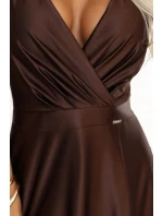 411-15 CRYSTAL saténové dlouhé šaty s výstřihem - čokoládové