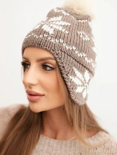 Dámská zimní čepice z vlny s motivem sněhové vločky a pomponem K450 mocca