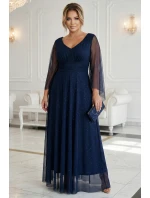 655-3 Dlouhé lehké třpytivé šaty s výstřihem a průhlednými rukávy - tmavě modré 655-3 Dlouhé lehké třpytivé šaty s výstřihem a průhlednými rukávy - tmavě modré