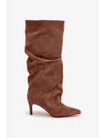 Vlněné Kozačky na Podpatku z Eko Semiš Oteplené Tmavě Béžové Mavella