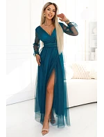 664-2 Dlouhé maxi šaty s tylovými rukávy a obálkovým výstřihem - lahvově zelené