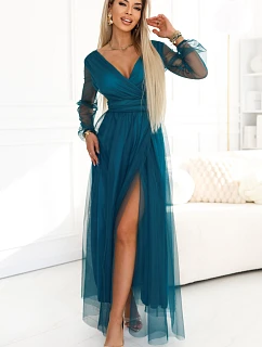 664-2 Dlouhé maxi šaty s tylovými rukávy a obálkovým výstřihem - lahvově zelené