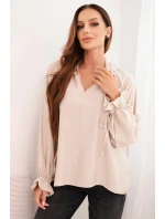 Dámská blůza z viskózy s výstřihem do V a zavazováním u rukávů béžová