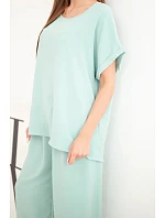 Dámský komplet Plus Size halenka a kalhoty se širokými nohavicemi tmavě mentolová