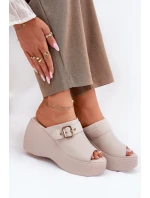 Kožené Dámské Sandály Na Platformě A Klínu S Přezkou Béžové S.Barski LR51-542