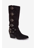 Kozačky Kovbojky na podpatku s přezkami Černé Fivelle