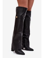 Dámské zateplené kozačky nad kolena s vyhrnutou holení a sloupkovým podpatkem Serelle – černé, eko semiš