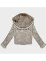 Béžová bunda z ekologické kůže s kožešinovým límcem Glakate (LU98091#)