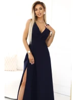 634-1 MIRA elegantní maxi šaty s obálkovým výstřihem a rozparkem na nohou - tmavě modré 634-1 MIRA elegantní maxi šaty s obálkovým výstřihem a rozparkem na nohou - tmavě modré