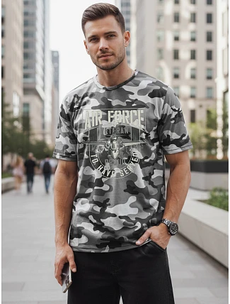 Klasické pánské tričko v kamuflážovém vzoru s potiskem, šedé, FashionStreet NX2001R Klasické pánské tričko v kamuflážovém vzoru s potiskem, šedé, FashionStreet NX2001R