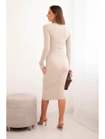 Dámské pruhované šaty s výstřihem do V a dlouhým rukávem béžová