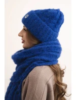Dámský komplet čepice a šály s proužky s ozdobou modrý