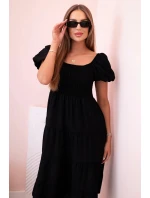 Dámské viskózové šaty s nabíranými rukávy a volánkovým topem černý Dámské viskózové šaty s nabíranými rukávy a volánkovým topem černý