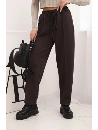 Elegantní dámské kalhoty s vysokým pasem a šněrováním v pase hnědé