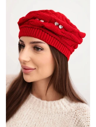 Dámská zimní čepice s ozdobným pletením a krystalky K398 červená