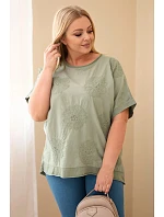 Dámská bavlněná halenka Plus Size s vyšívanými květinami khaki Dámská bavlněná halenka Plus Size s vyšívanými květinami khaki