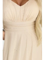 655-4 Dlouhé lehké třpytivé šaty s výstřihem a průhlednými rukávy - šampaňsko-béžová barva