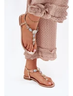 Dámské sandály na plochém podpatku s krystaly růžové zlato Fiolalia