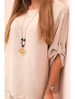 Dámský komplet s halenkou s náhrdelníkem a širokými nohavicemi béžový