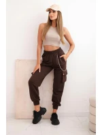 Dámské bavlněné cargo kalhoty s kapsami a řetízkem hnědé