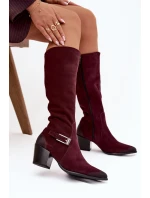 Dámské zateplené kozačky na podpatku se sponou Zazoo – bordó, semiš