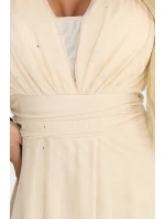 654-2 Dlouhé třpytivé plus size šaty s výstřihem a průhlednými rukávy - šampaňsko-béžové