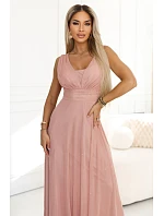 637-7 Dlouhé maxi šaty s brokátovým akcentem a hlubokým výstřihem - pudrově růžové