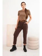 Dámské kalhoty s páskem kordové hnědé